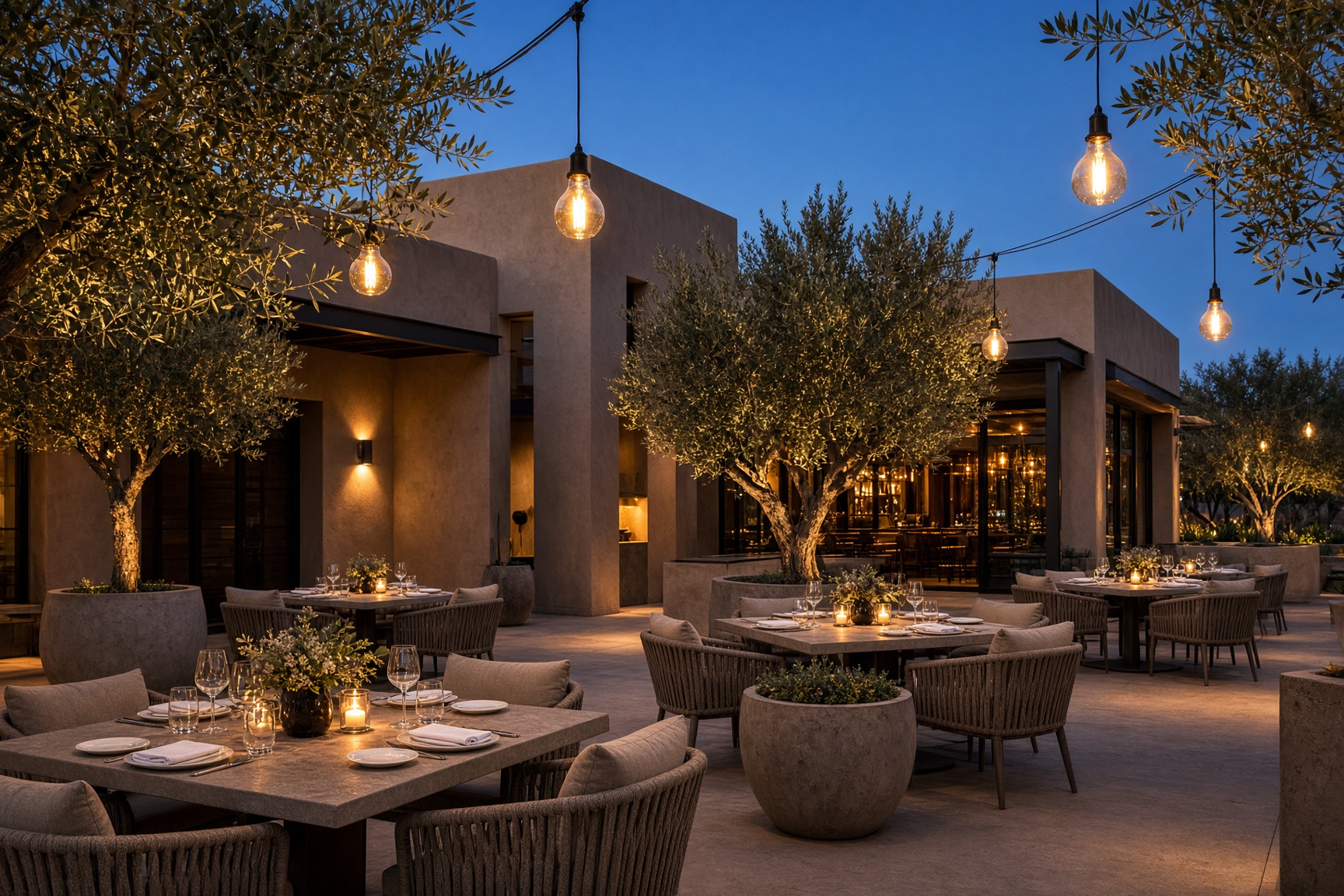 Restaurant patio at blue hour with warm pendant lights and desert planters