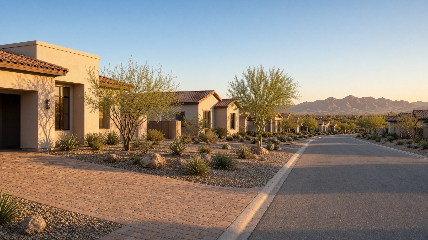 Golden-hour street of tile-roof homes in a Gilbert, Arizona neighborhood, with desert landscaping and mountains on the horizon