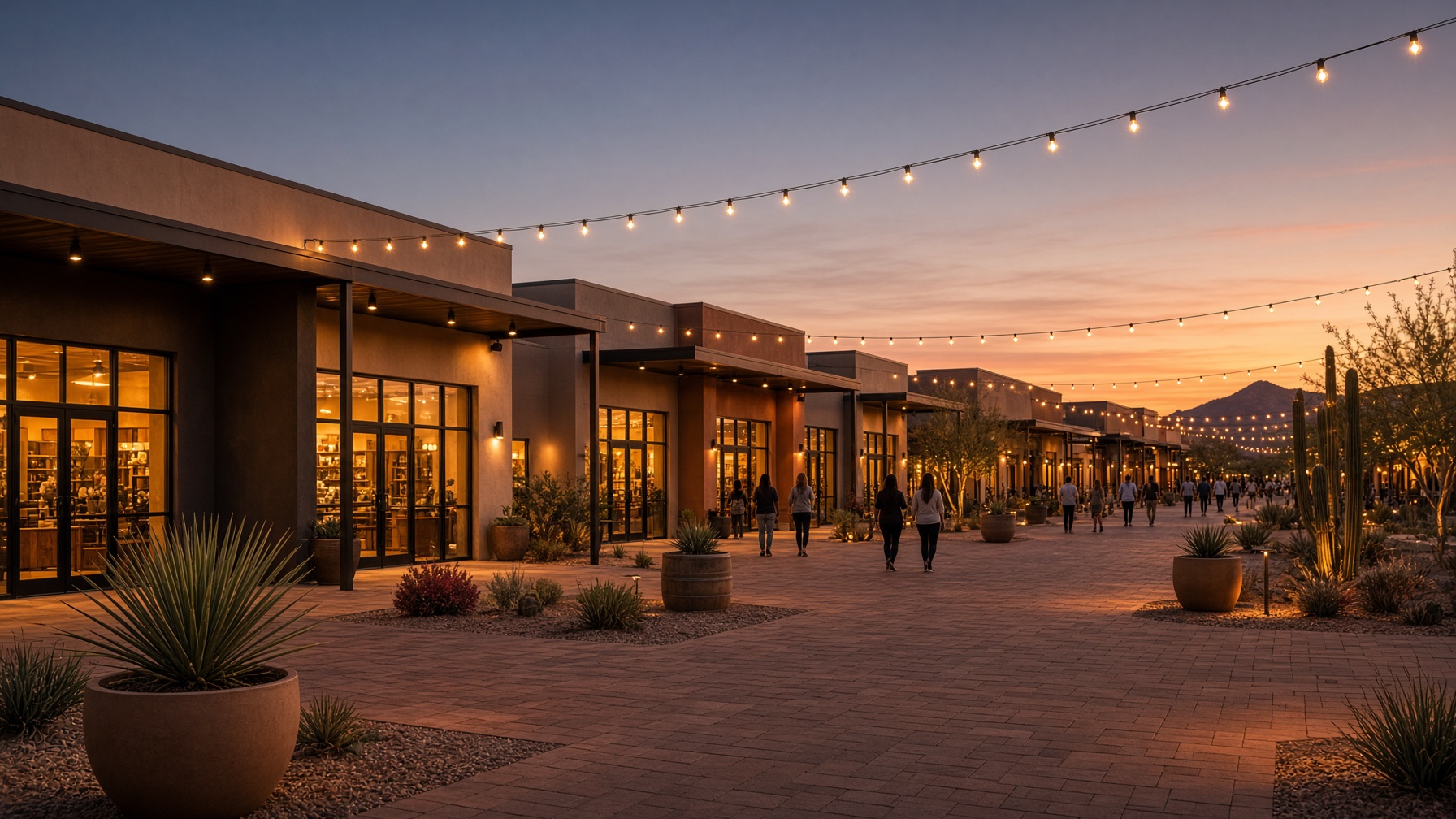 Open-air shopping village at dusk, with warm storefront light and desert landscaping
