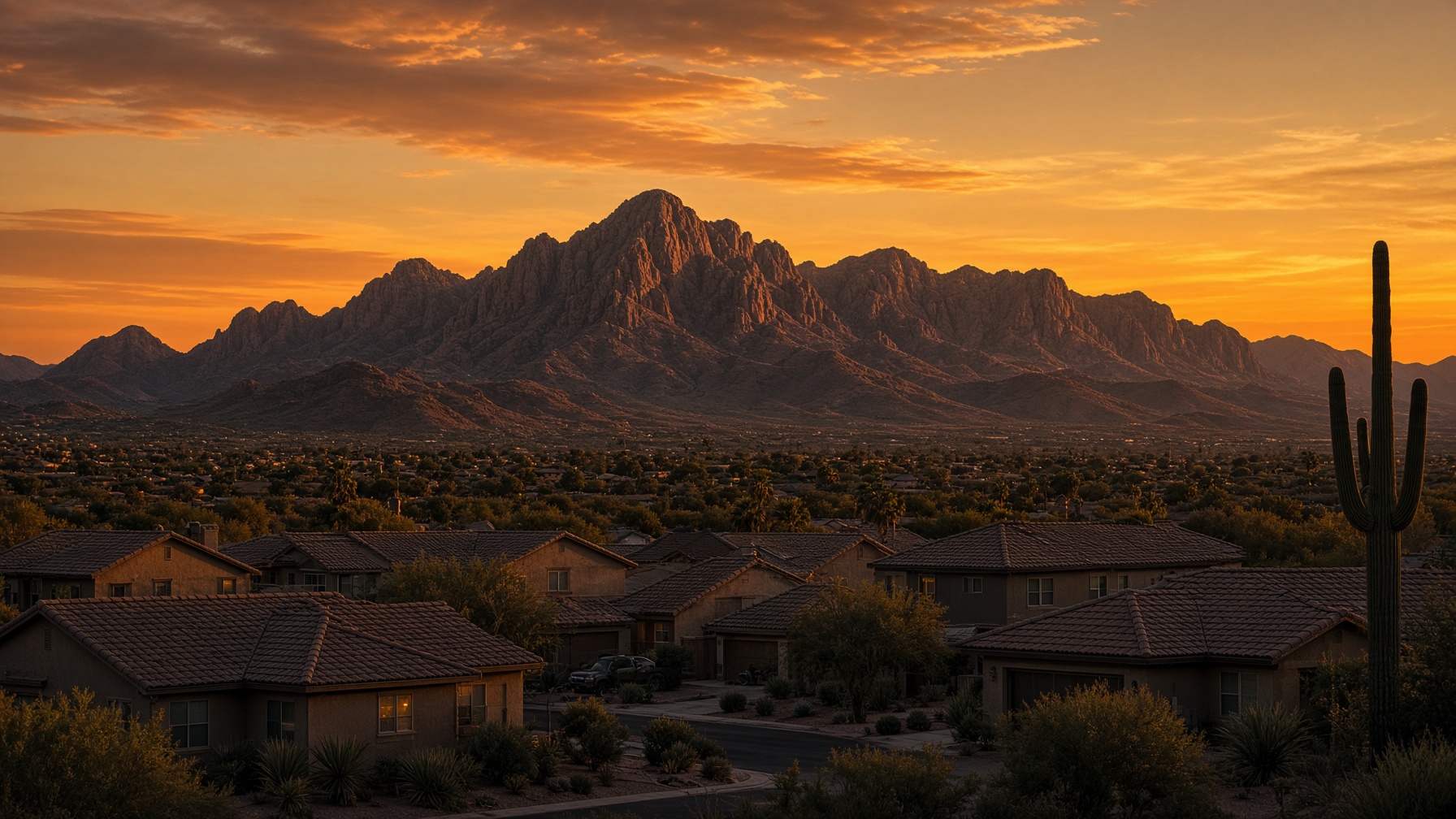 Sunset over tile-roof homes with the Superstition Mountains on the horizon